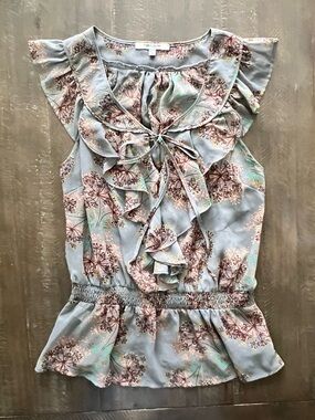 Daniel Rainn Top Green Floral Print Swiss Tie Tassel Cottage Medium Sheer